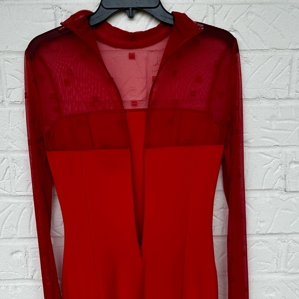 New Givenchy 4G Logo Mixed Media Mini Dress w/ Sheer in Vermillon Size 36 - Picture 6 of 15